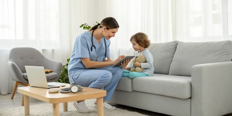 Pediatric home care nurse caring for a young child in their home.