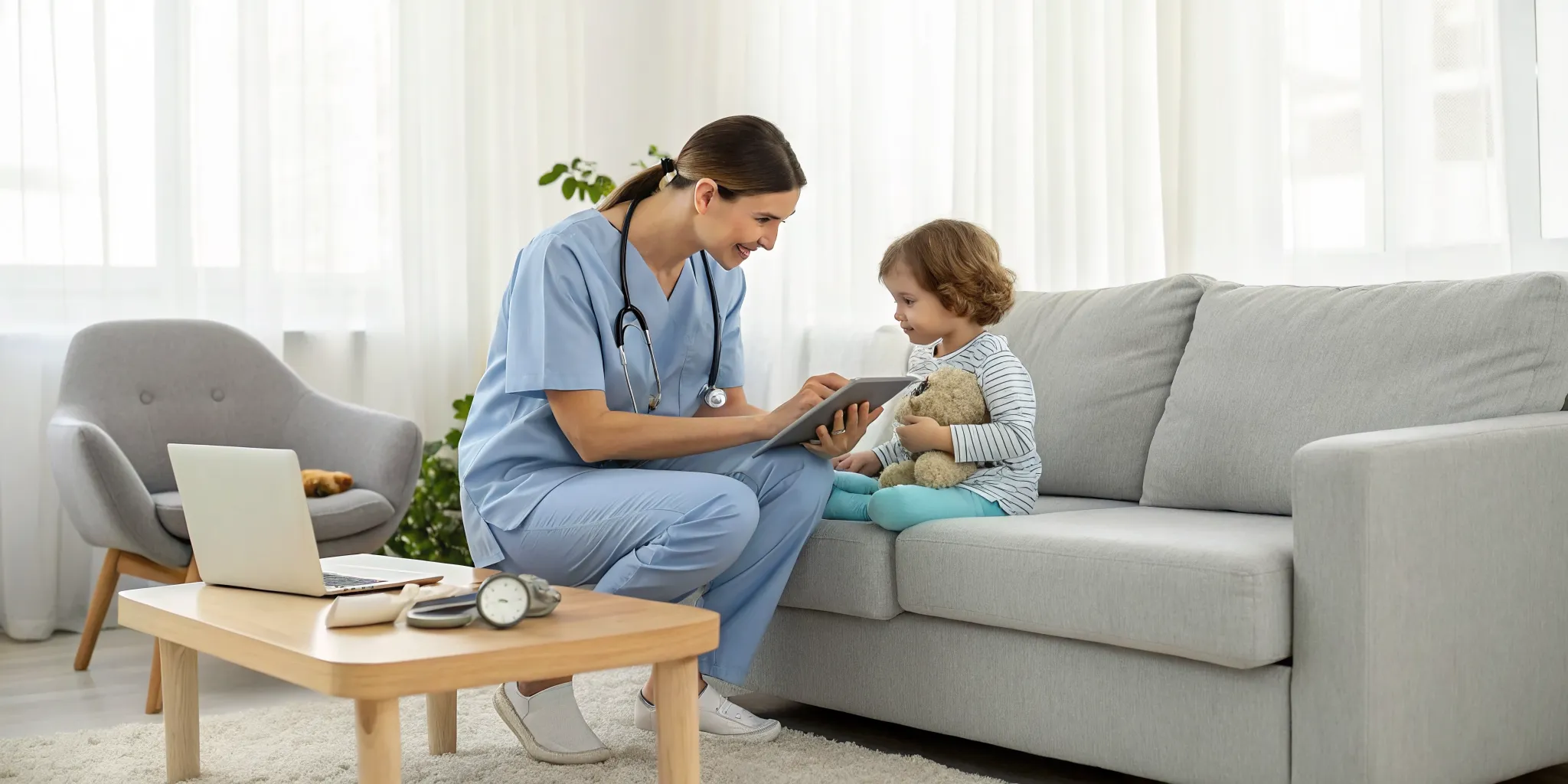 Pediatric home care nurse caring for a young child in their home.