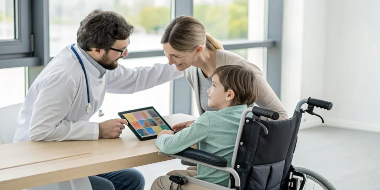 Doctor discusses health and special needs with a mother and child in a wheelchair.