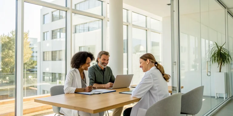 Three adults discussing a care plan for Down syndrome.