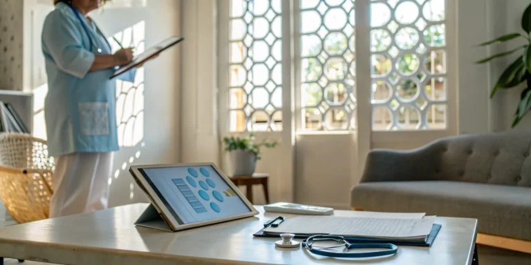 A nurse develops a nursing care plan for intellectual disability using a tablet and stethoscope.