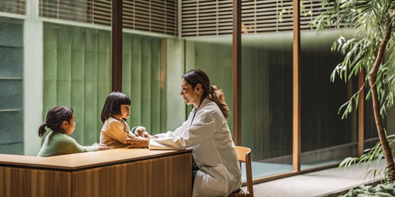 A pediatrician provides supportive care for a child with special health needs.