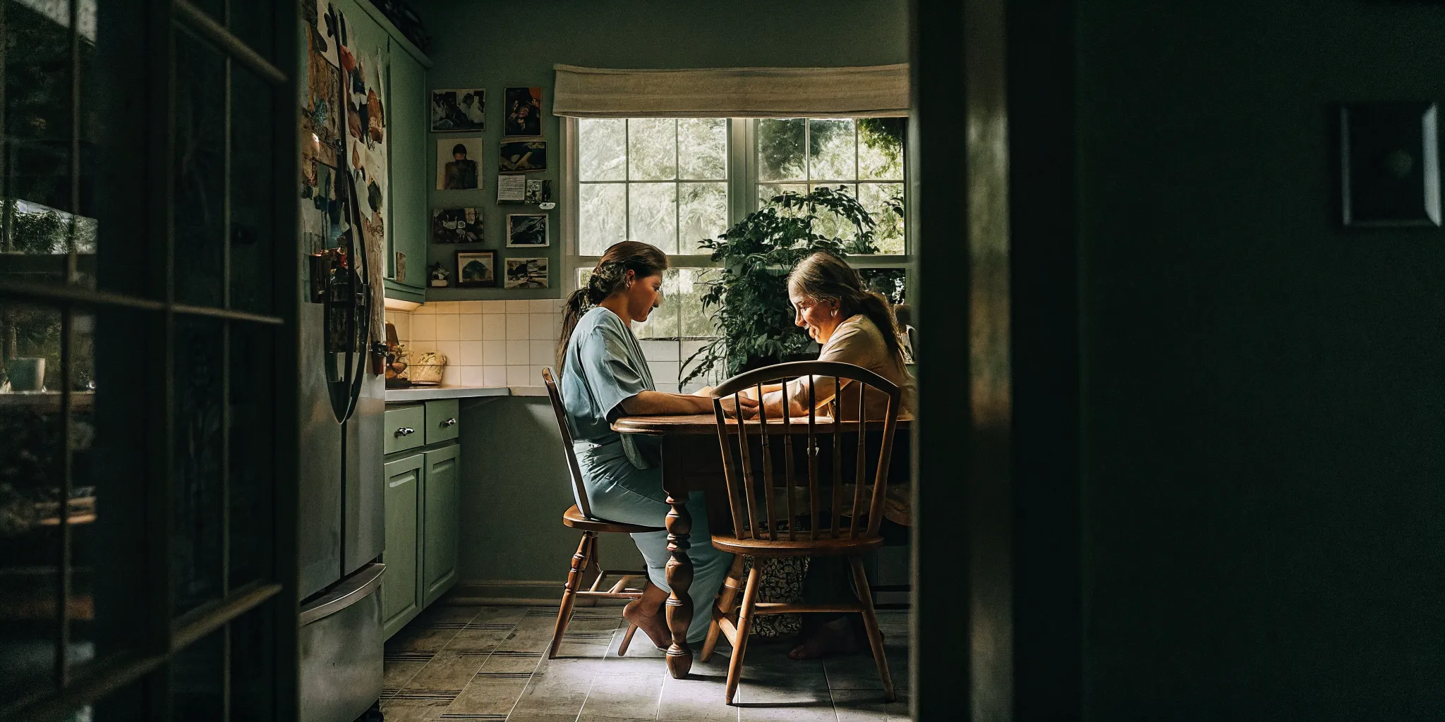 Compassionate home health nurse supporting a parent at the kitchen table with a care plan in Georgia