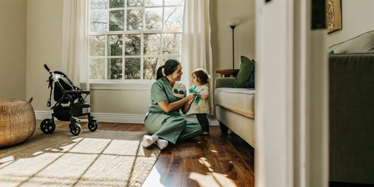 Pediatric nurse caring for a child in a Savannah home setting with medical equipment nearby
