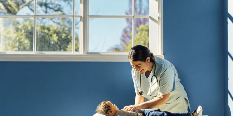 A compassionate pediatric nurse caring for a child at home