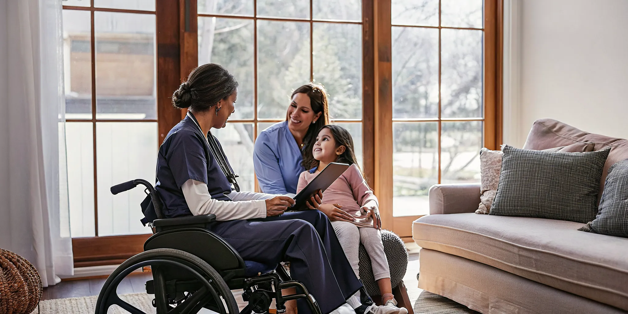 Pediatric nurse discussing home nursing care for a child with quadriplegia in a Georgia family home