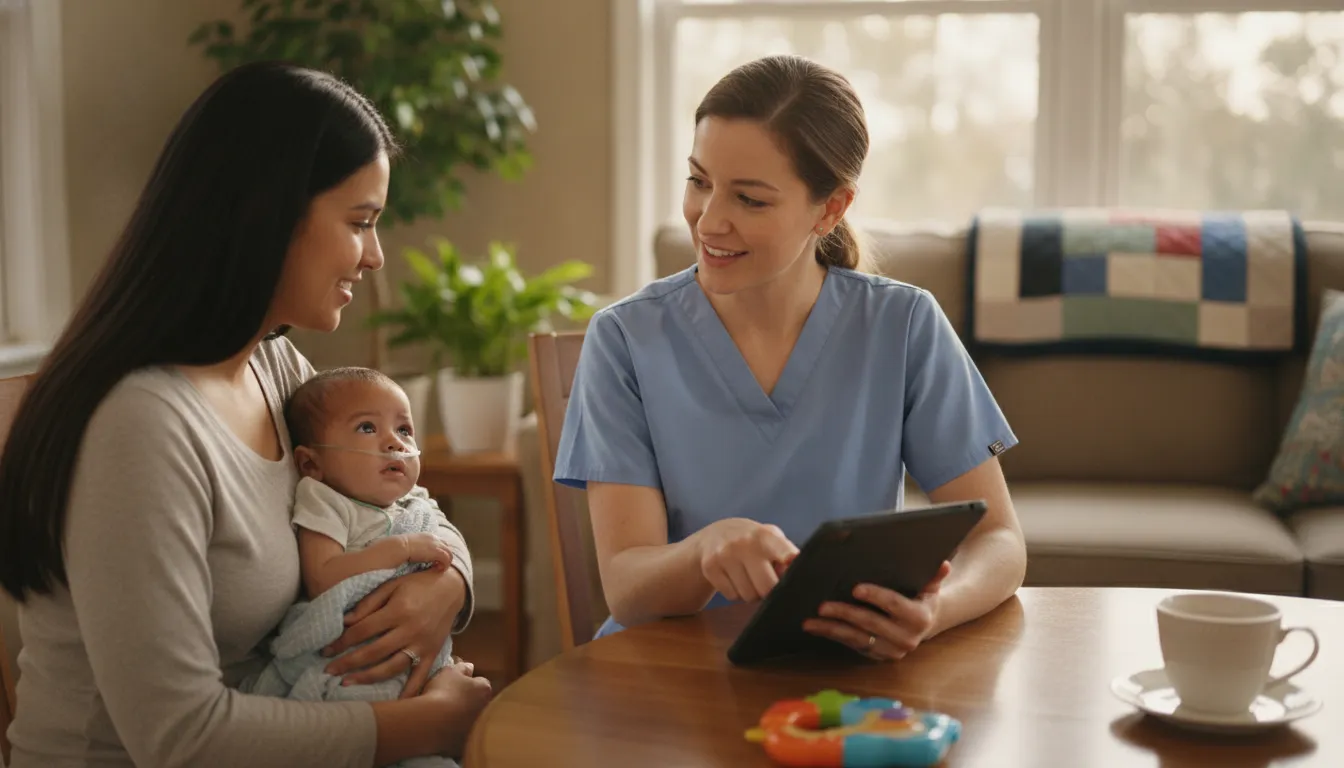 Pediatric nurse reviewing an in-home care plan with a Georgia family