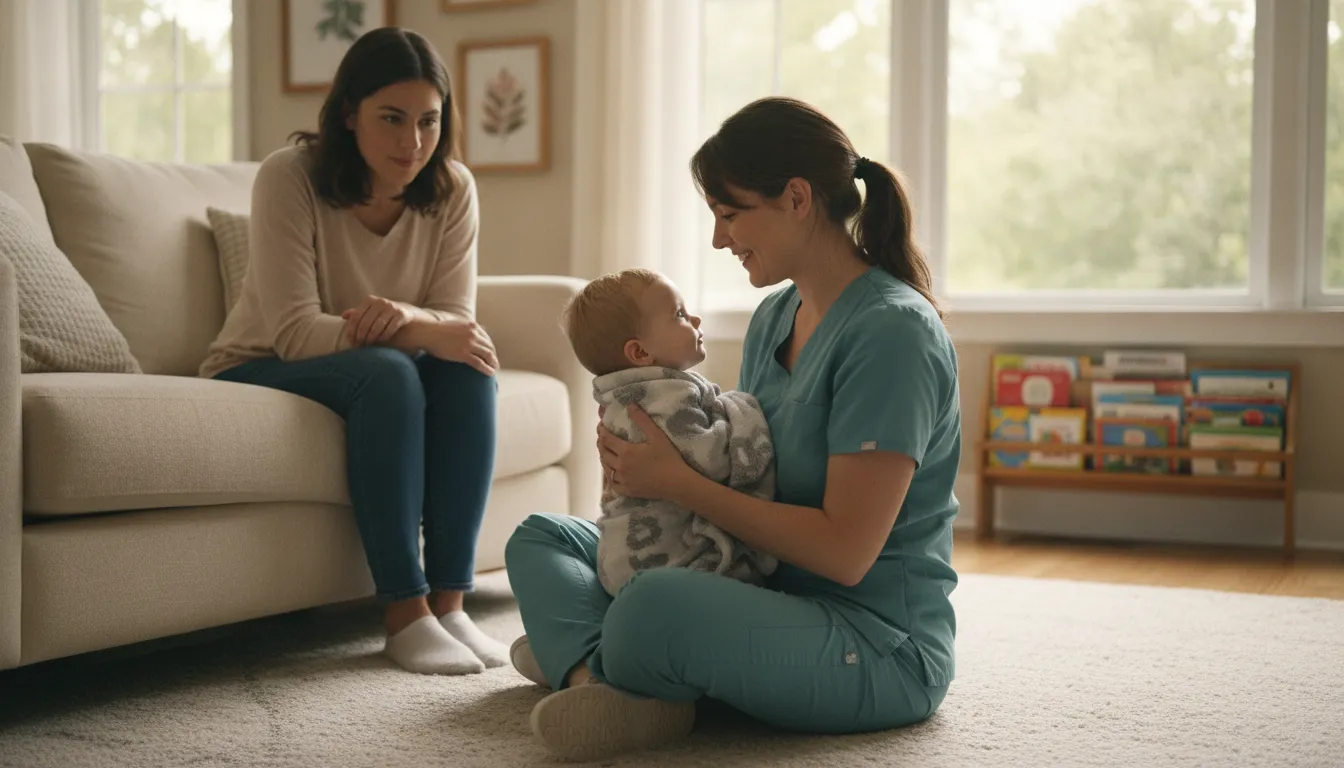 A compassionate pediatric nurse cares for a young child at home in Georgia while a parent watches