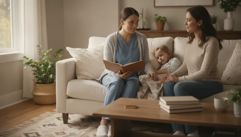 Pediatric nurse providing attentive in-home care to a child with complex medical needs