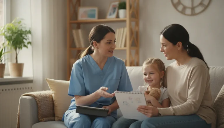 Pediatric nurse discussing a child's home care plan with a Georgia parent