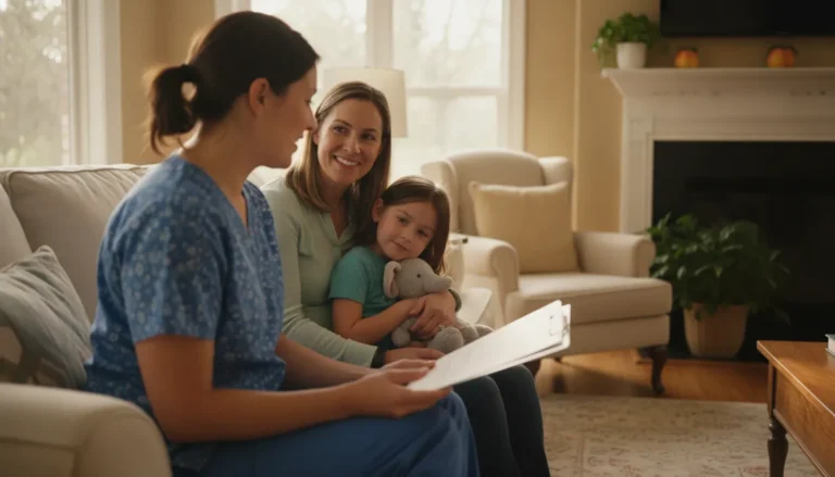 RN discussing pediatric home health care roles with a Georgia family