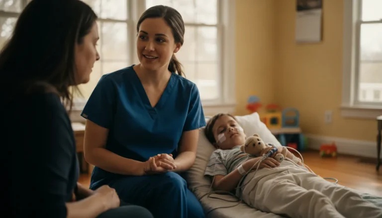 Pediatric home health nurse speaking with a Georgia caregiver