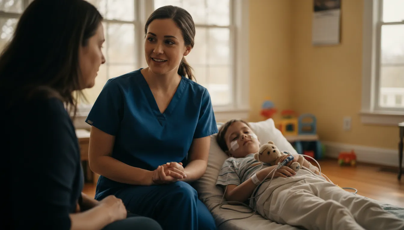 Pediatric home health nurse speaking with a Georgia caregiver