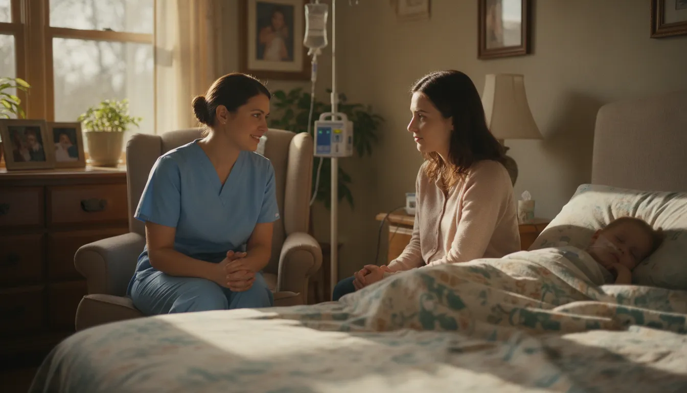 Pediatric nurse demonstrating home care support to a Georgia parent