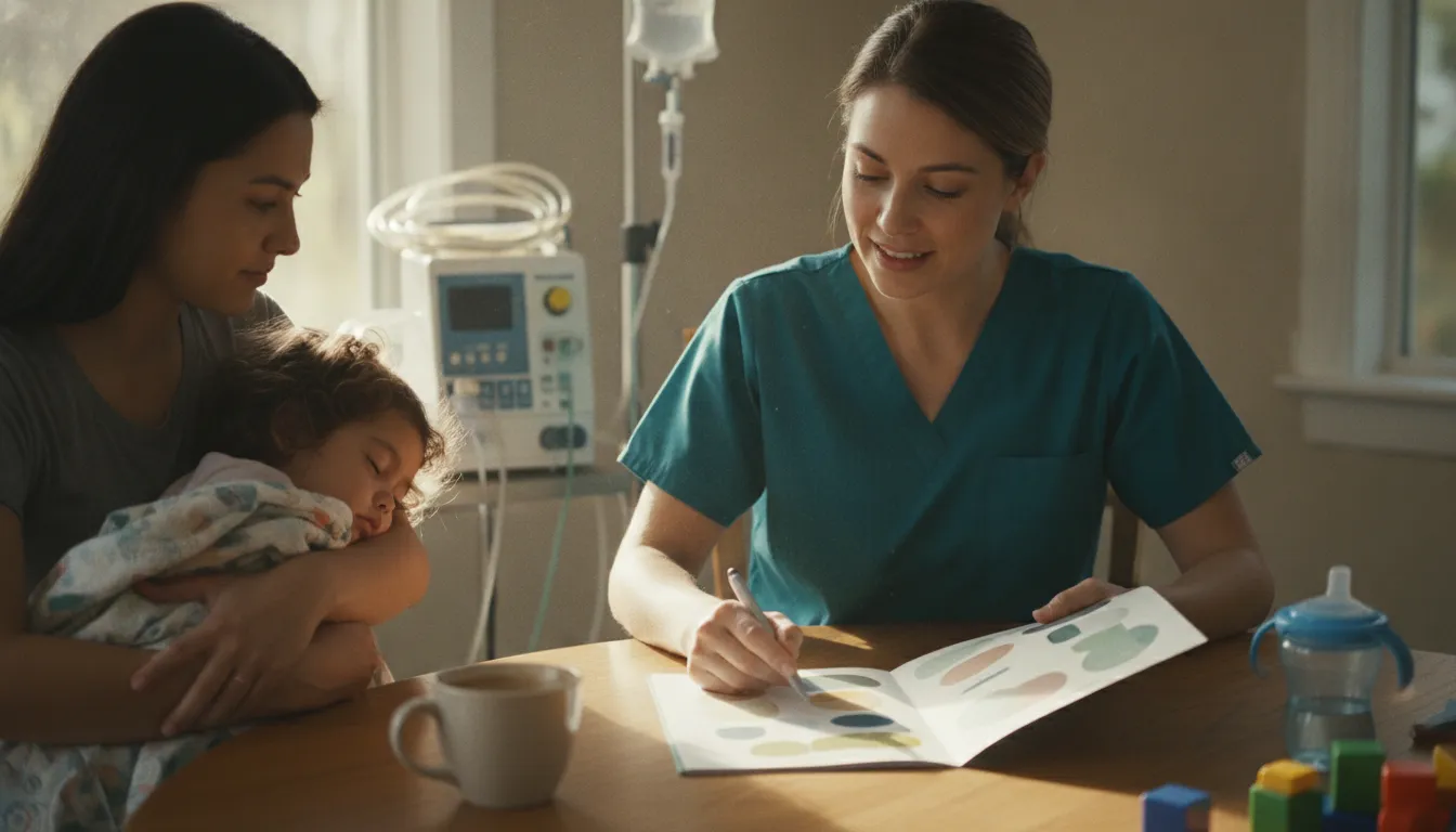 Pediatric nurse reviewing a home care plan with a Georgia caregiver