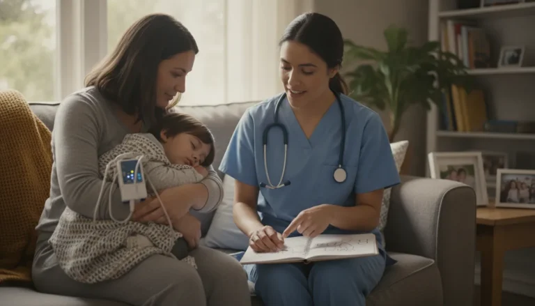 Pediatric nurse supporting a child and parent at home in Georgia