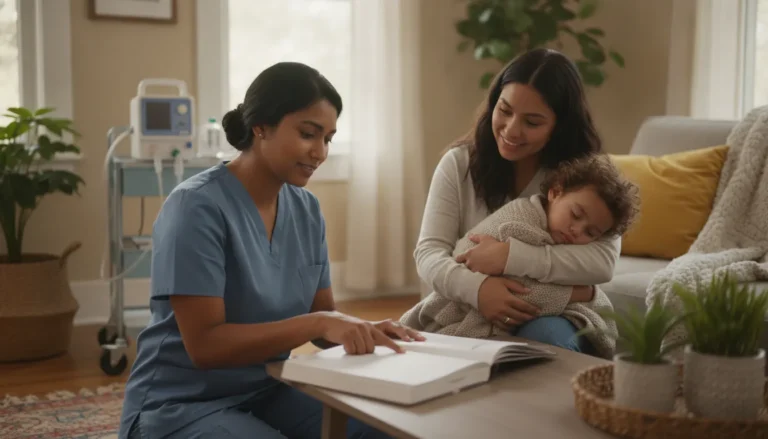 Pediatric nurse discussing a child's in-home care plan with a parent