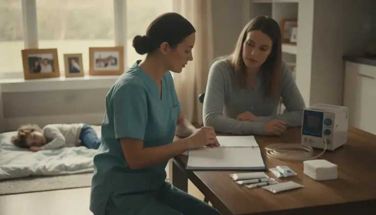 Pediatric home health discharge transition Georgia nurse and caregiver preparing a medically complex child for home