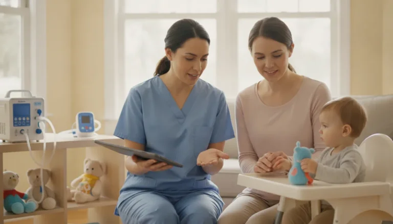 Pediatric home health quality assurance Georgia RN supervision with a nurse and parent reviewing care