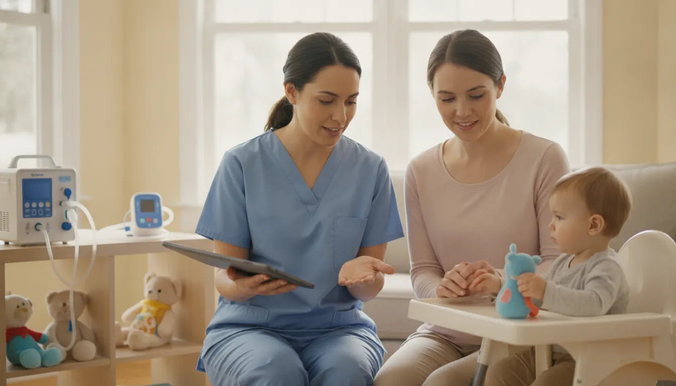 Pediatric home health quality assurance Georgia RN supervision with a nurse and parent reviewing care