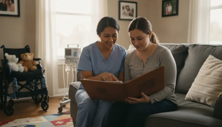 Pediatric home health nurse reviewing a care plan with a Georgia caregiver
