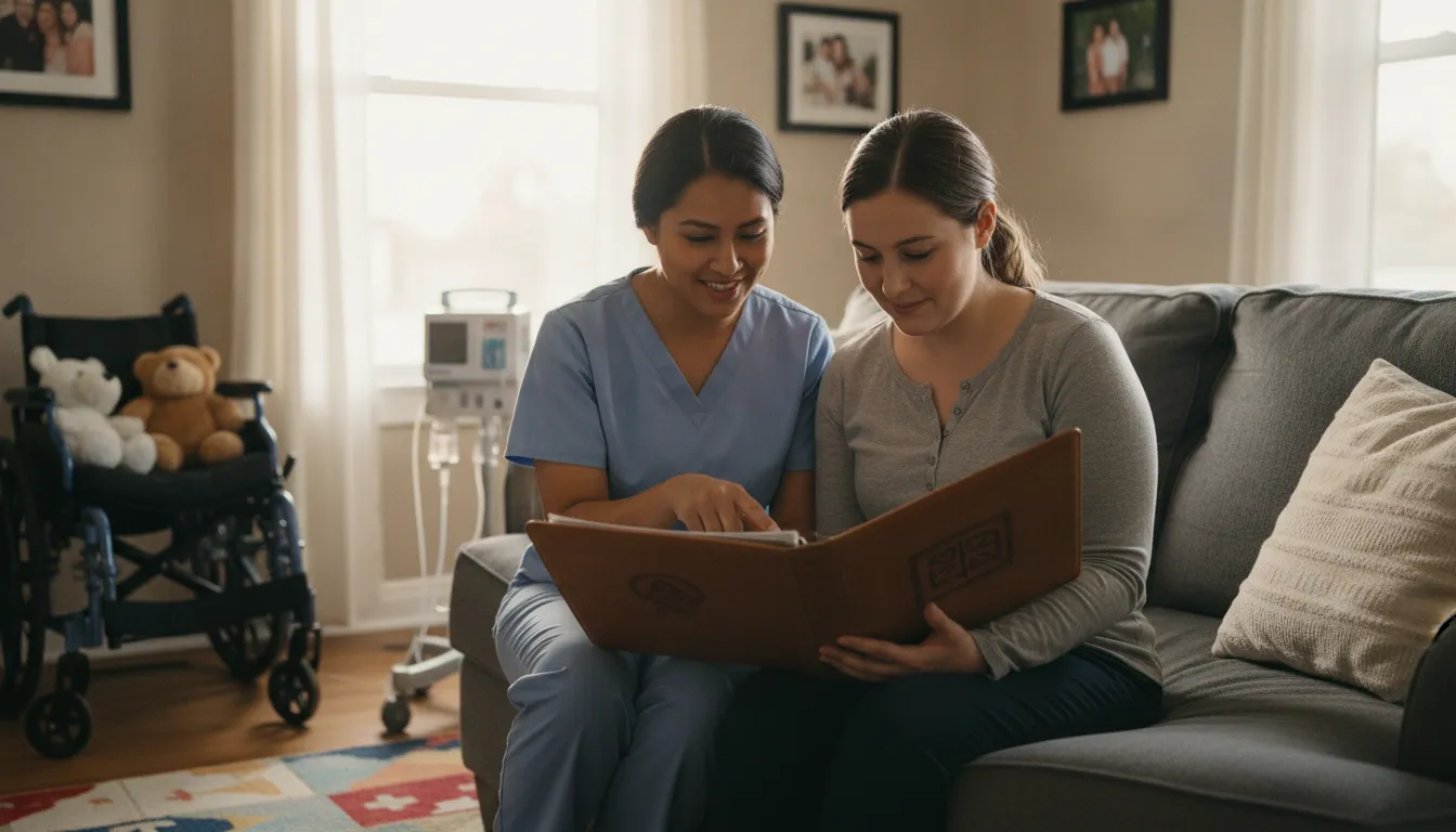 Pediatric home health nurse reviewing a care plan with a Georgia caregiver