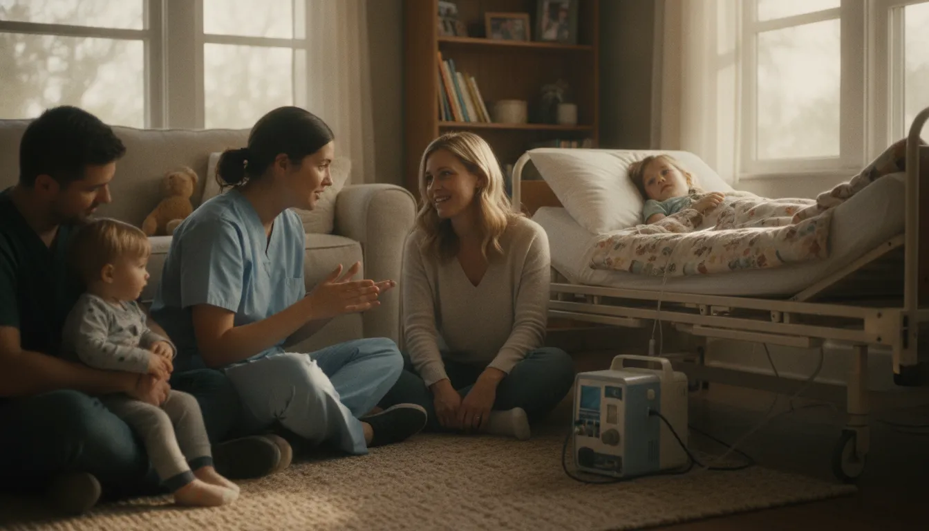 Pediatric nurse and parent discussing in-home care for a medically complex child in Georgia
