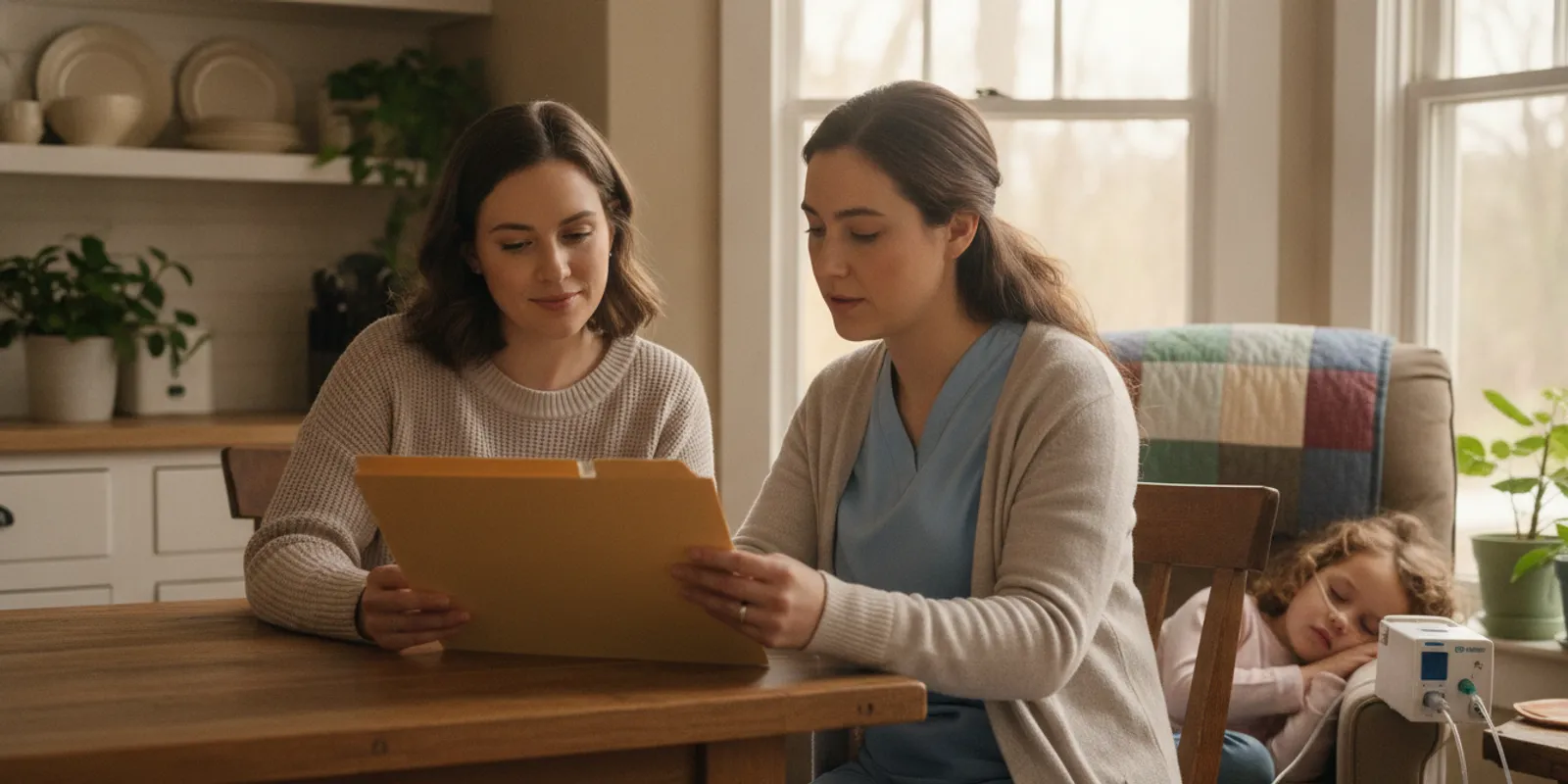 Parent reviewing a child’s home nursing care plan with a pediatric nurse in Georgia