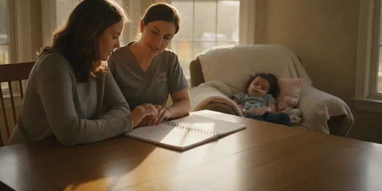 A parent reviewing a child’s home nursing care notes with a pediatric nurse in a calm Georgia home