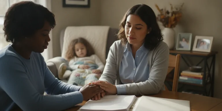 A parent reviews pediatric home nursing paperwork with a care coordinator at home in Georgia