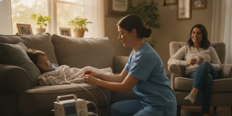 Pediatric nurse checks an oxygen setup while a child rests at home with a caregiver nearby in Georgia