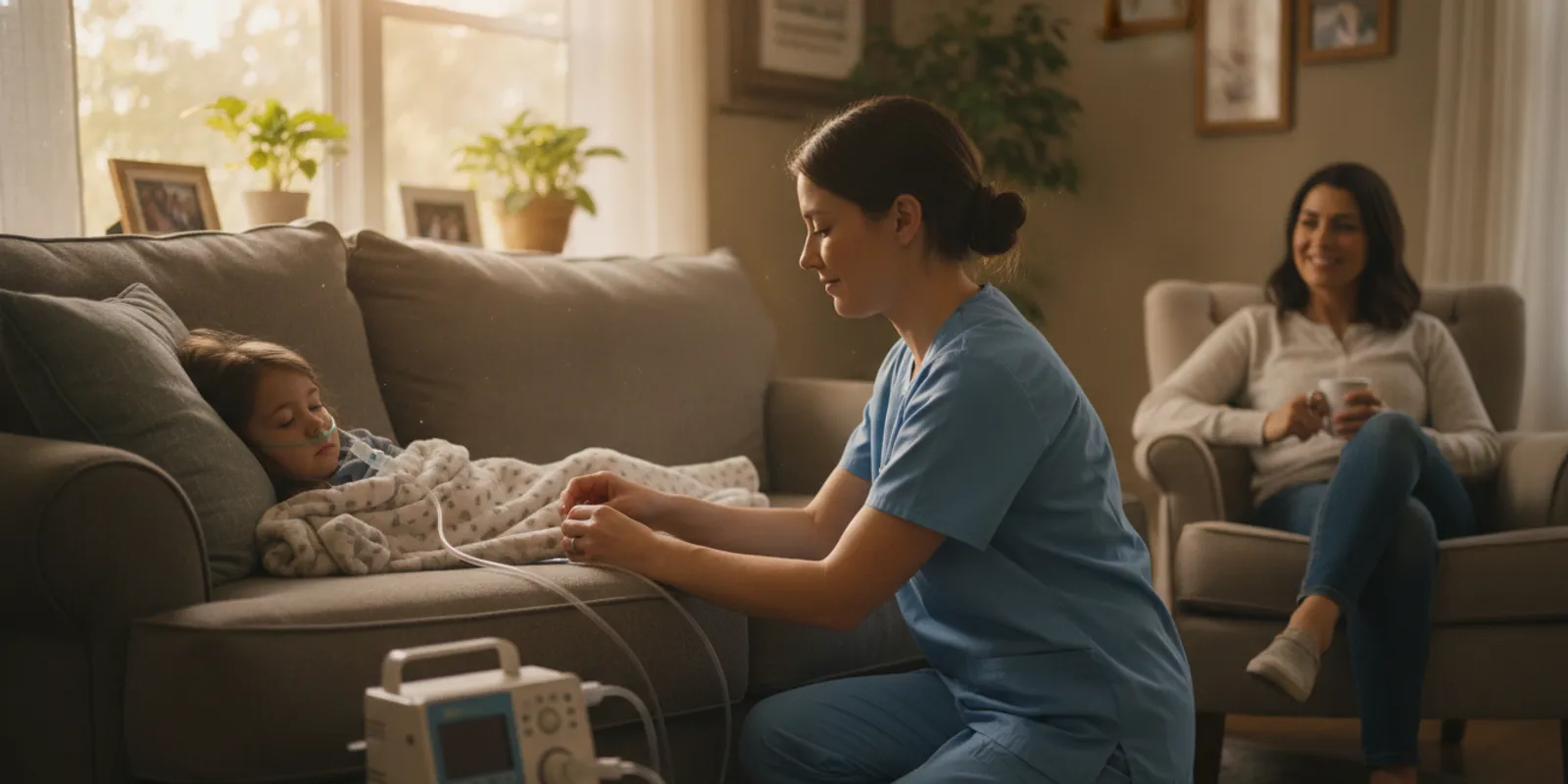 Pediatric nurse checks an oxygen setup while a child rests at home with a caregiver nearby in Georgia