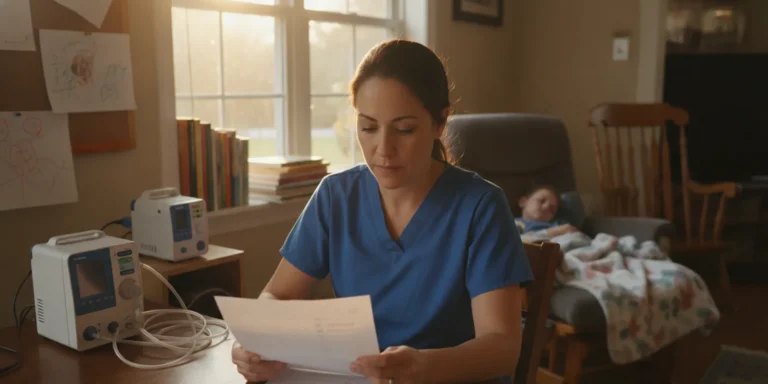 A caregiver and pediatric nurse reviewing a home safety checklist beside a child's medical equipment in a calm Georgia home