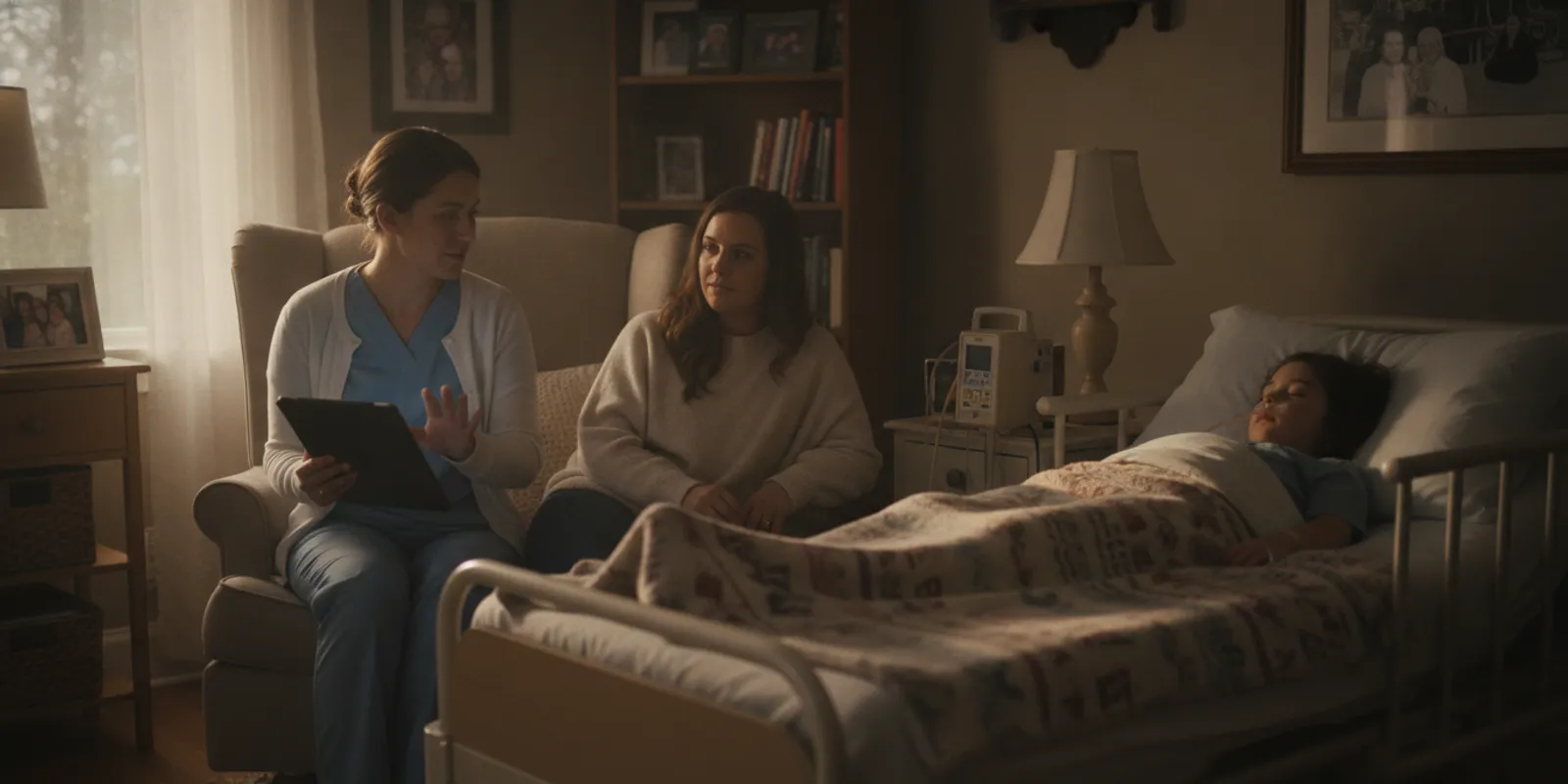Pediatric nurse reviewing an overnight care plan with a parent beside a child at home in Georgia