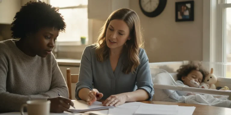 Parent reviewing pediatric home nursing paperwork with a care coordinator at home in Georgia