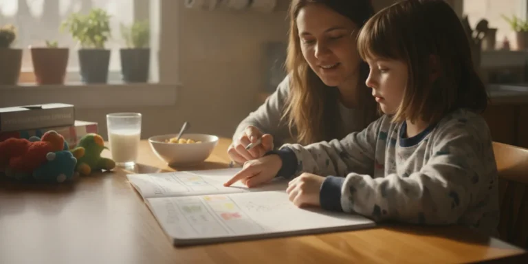 Parent reviewing a child’s school and home nursing schedule at a bright Georgia kitchen table