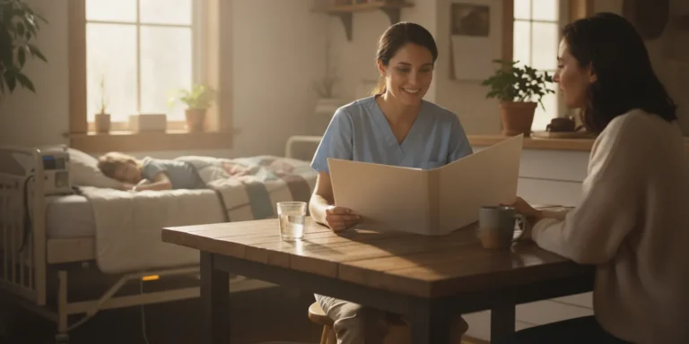 Registered nurse reviewing a pediatric home care plan with a parent in a bright Georgia home