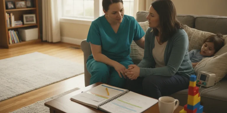 Caregiver reviewing a child’s home nursing plan with a pediatric nurse in an Atlanta-area home