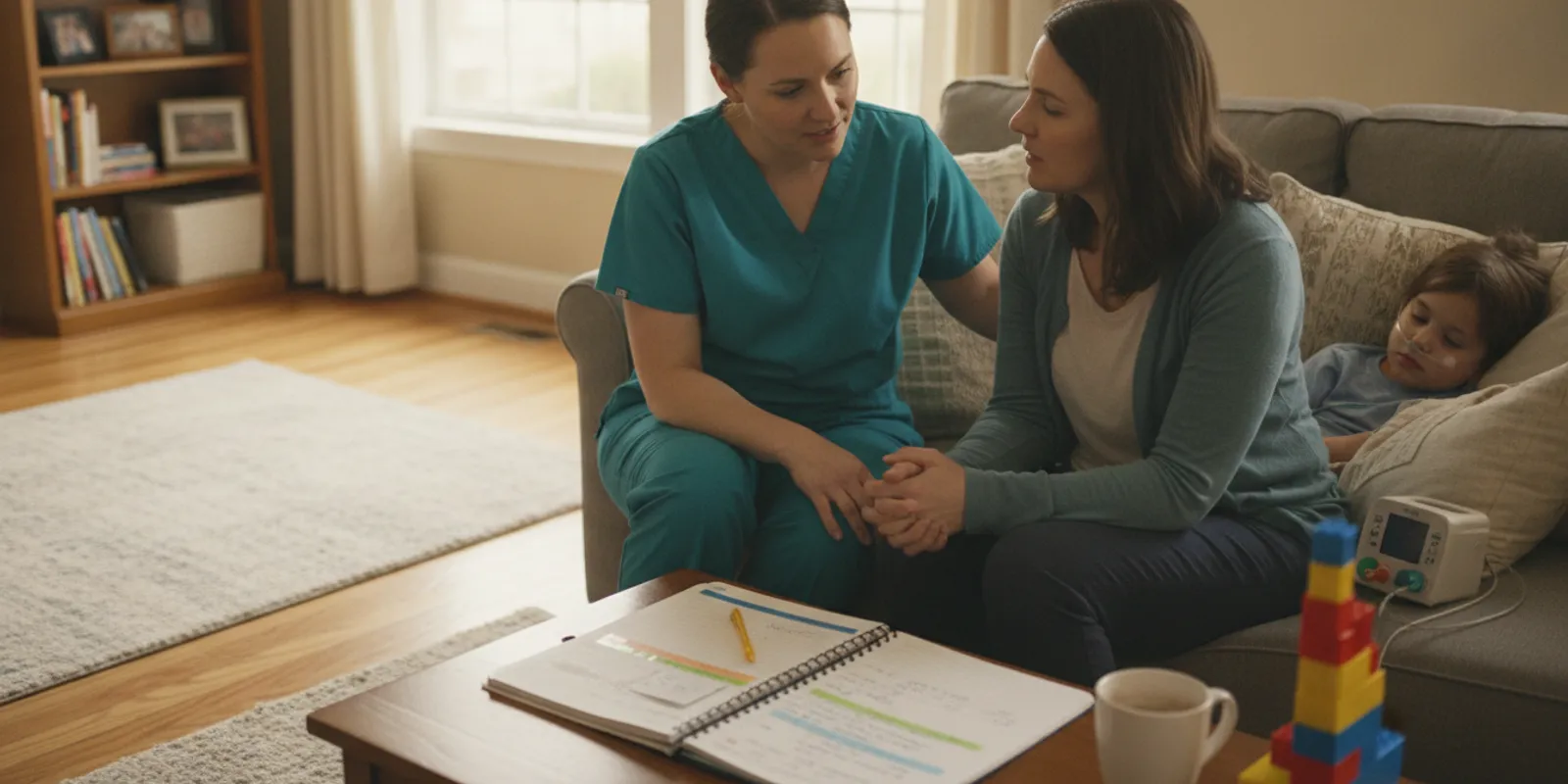Caregiver reviewing a child’s home nursing plan with a pediatric nurse in an Atlanta-area home