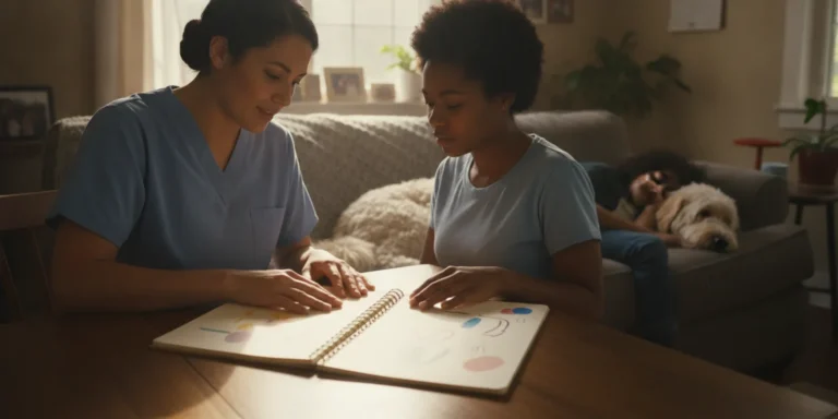 Caregiver reviewing a child's home nursing plan with a pediatric nurse in a bright Lawrenceville, Georgia home