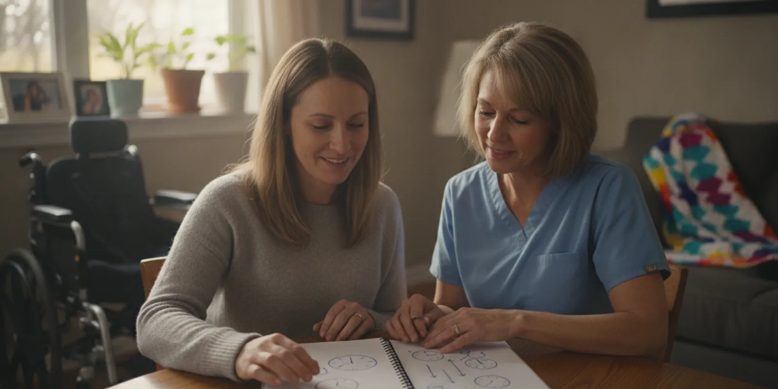 Caregiver reviewing a child's home nursing schedule with a parent in a calm Marietta-area home
