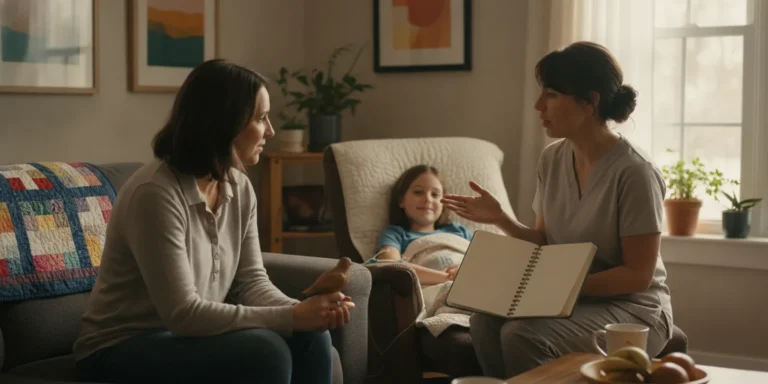 Caregiver reviewing a child's home nursing plan with a family in Augusta, Georgia