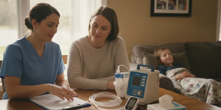 Caregiver and pediatric nurse reviewing home medical equipment beside a child in Georgia