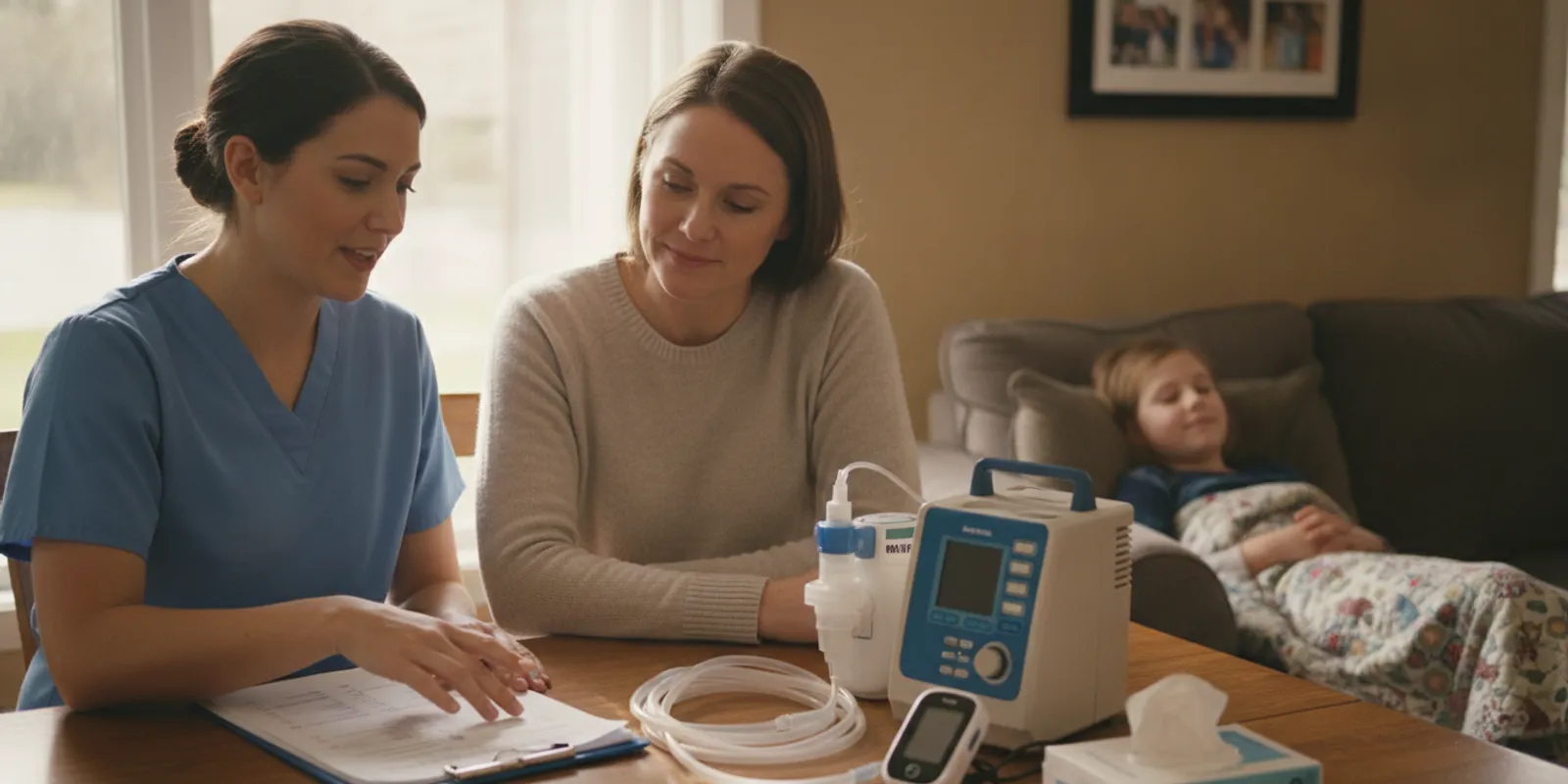 Caregiver and pediatric nurse reviewing home medical equipment beside a child in Georgia